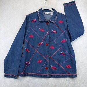 Vintage Sara Studio Womens L Denim Jacket Embroidered Hats Art To Wear 90s